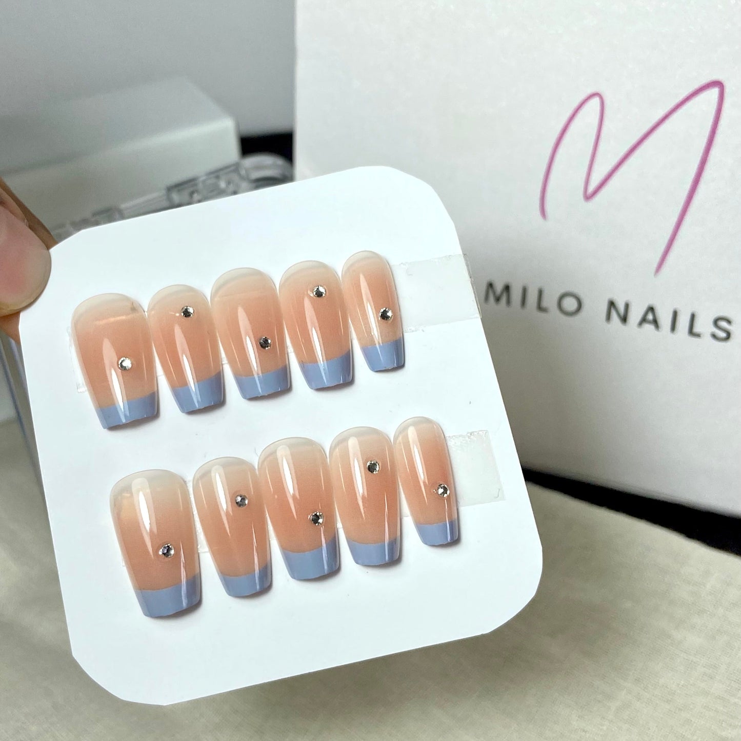 Blue frenchies with rhinestones (24 pcs)