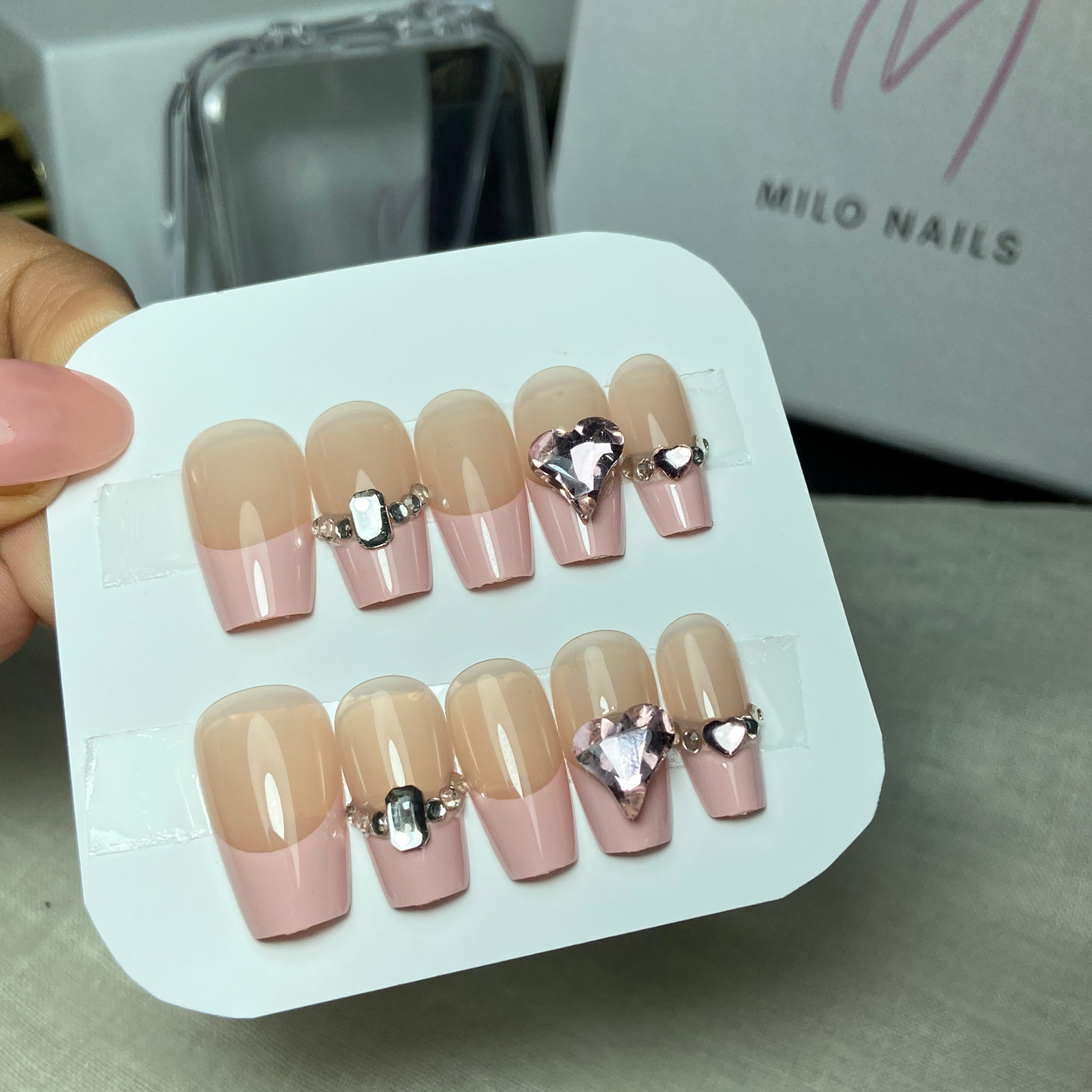 Pink french nails with heart stones (24pcs)
