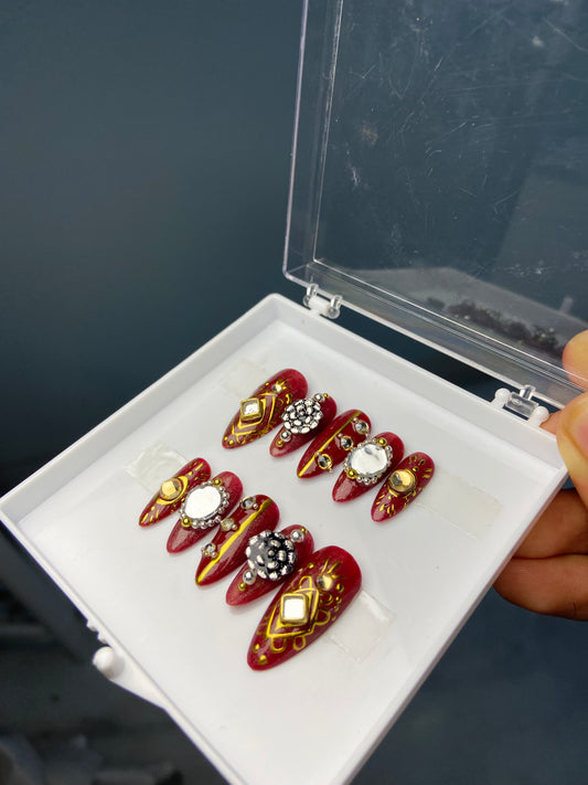 Red cat eye oxidised navratri nails