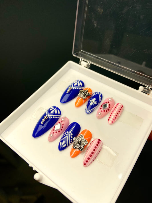 Blue oxidised navratri nails