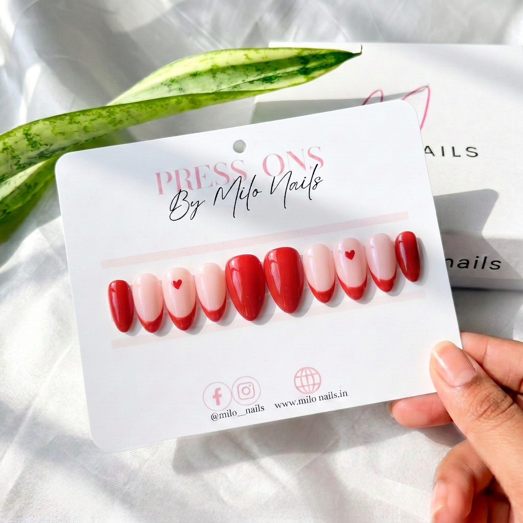 Red tips with heart nails - Handmade Press Ons