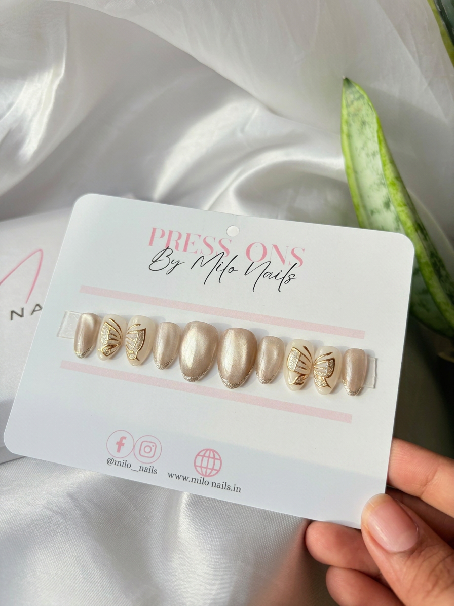 Butterfly nude chrome nails - Handmade Press Ons