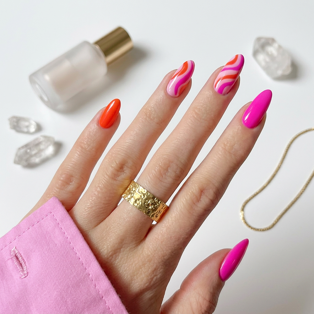 Hot pink-orange swirls - Handmade Press Ons