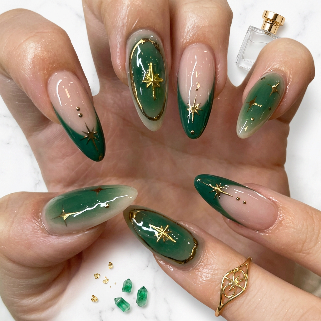 Green aura chrome nails - Handmade Press Ons