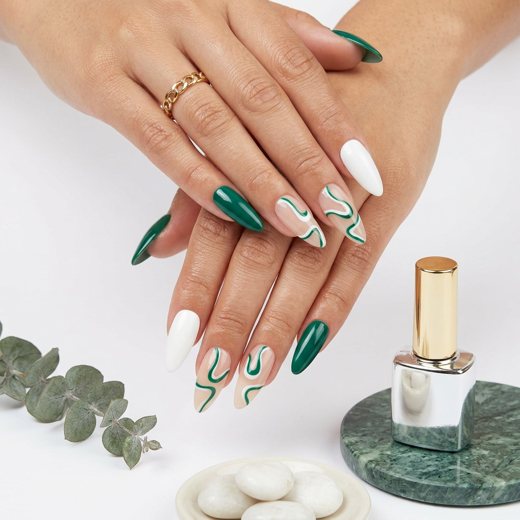 Green and white swirls - Handmade Press Ons