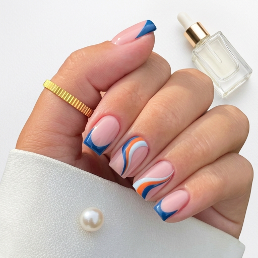 Light blue swirls and tips - Handmade Press Ons