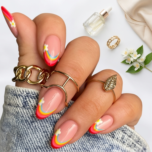 Rainbow and flower nails - Handmade Press Ons