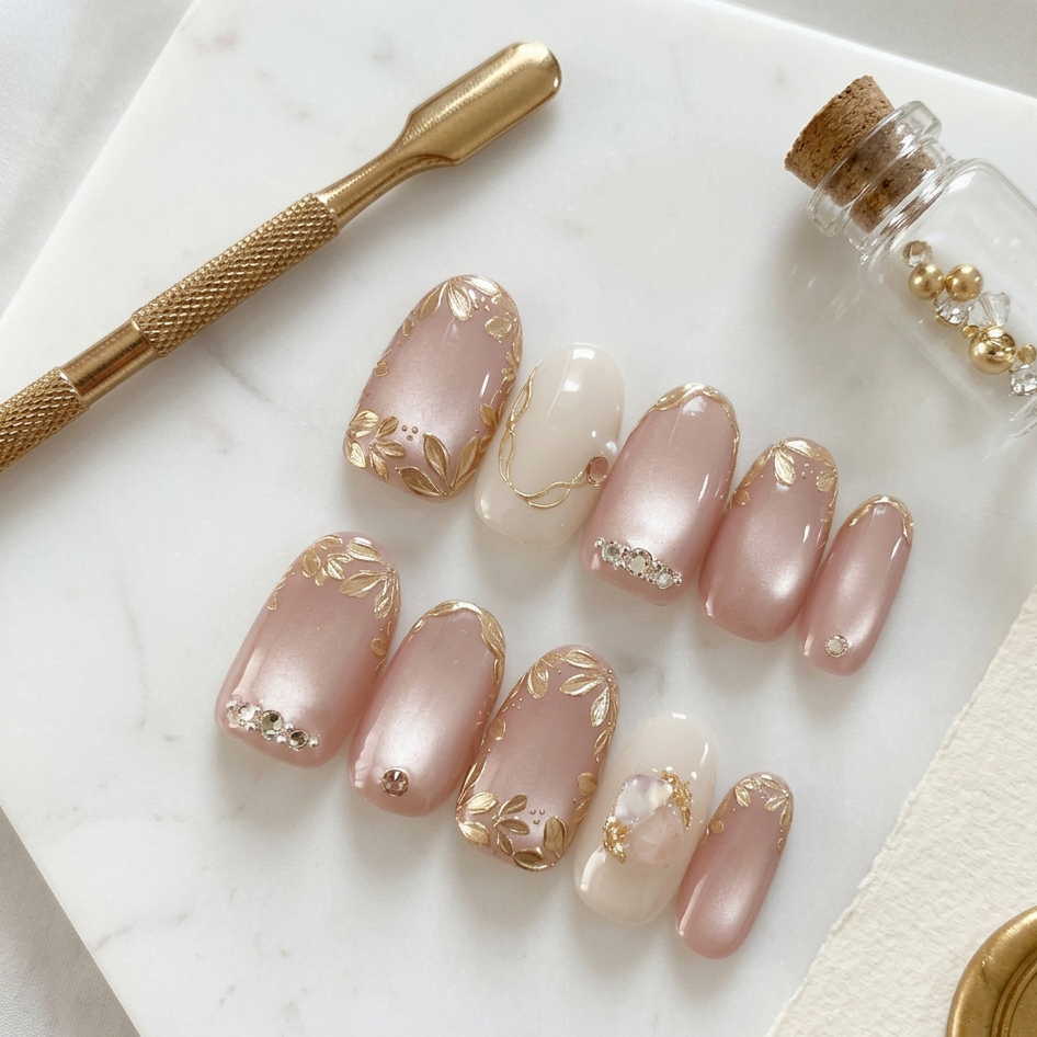 Pink flower cateye nails - Handmade Press Ons