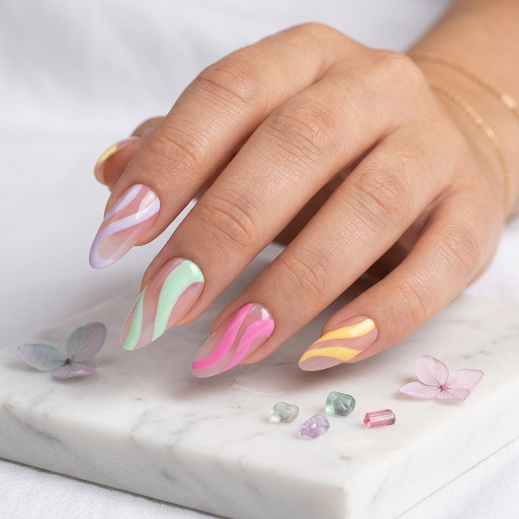 Multi-colour swirl nails - Handmade Press Ons