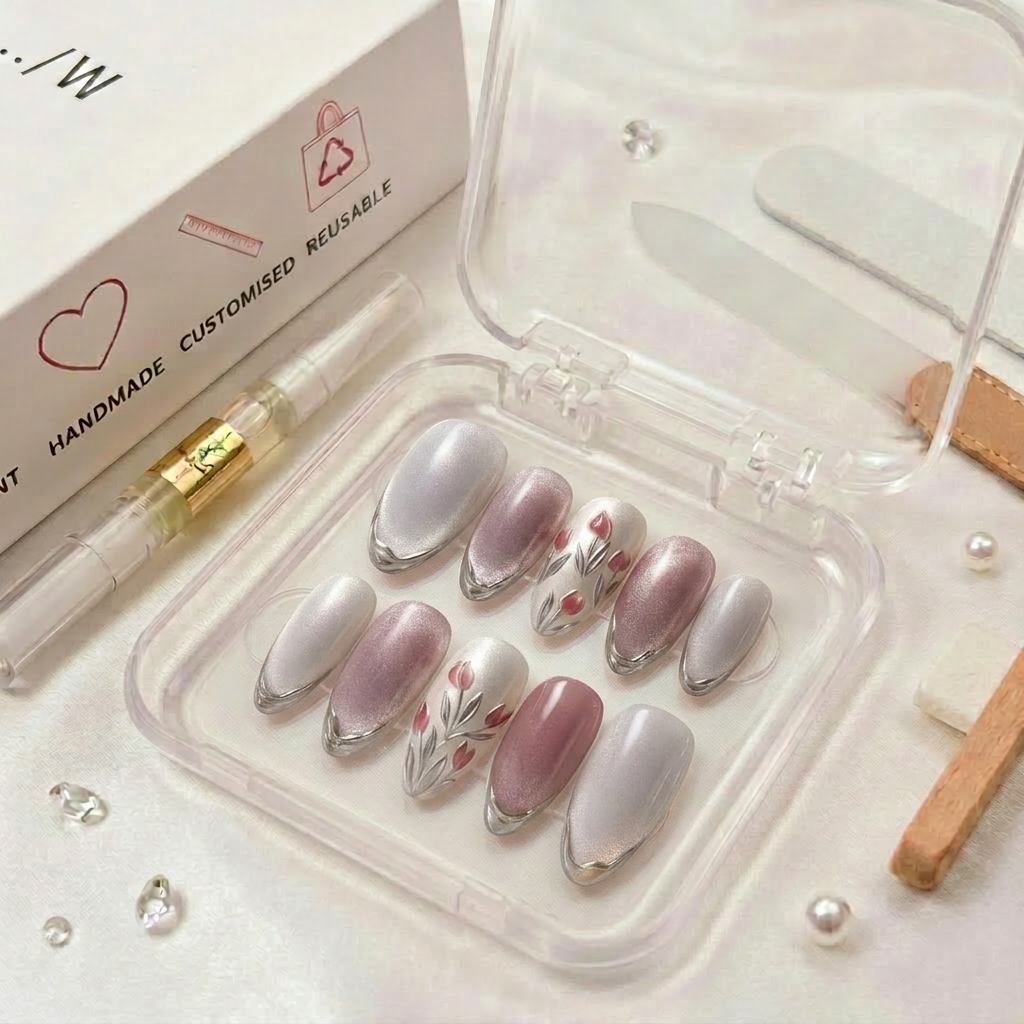 Flower chrome cateye nails - Handmade Press Ons