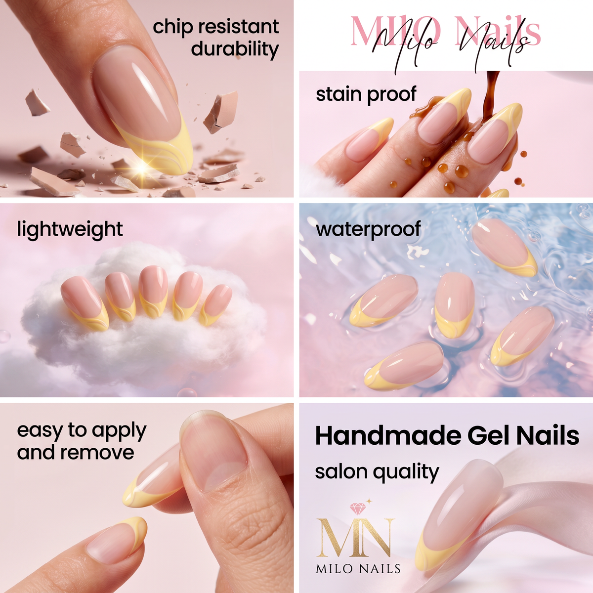 Milo Nails Celestial Aura press-on nails - chip resistant, stain proof, waterproof handmade gel nails features