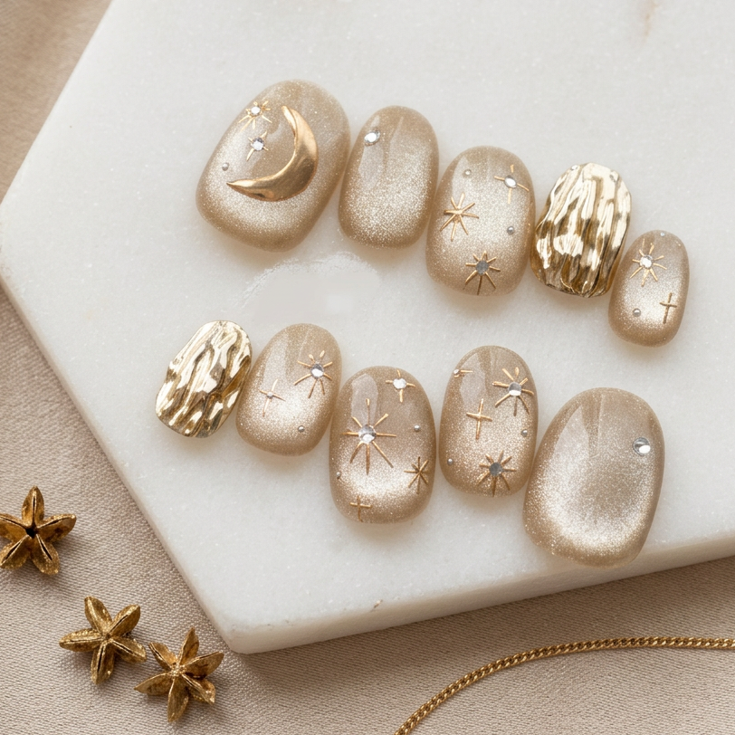 Nude cat eye chrome nails