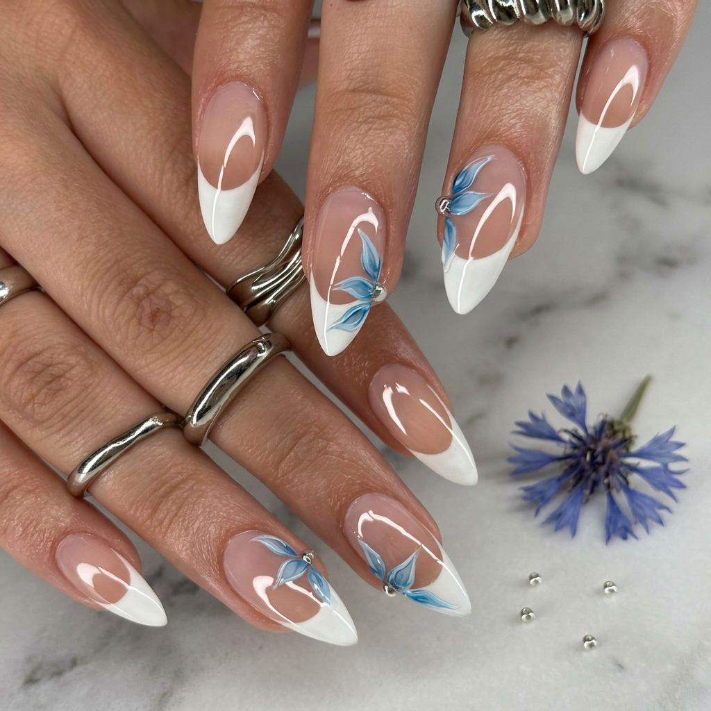 White french with flower - Handmade Press Ons