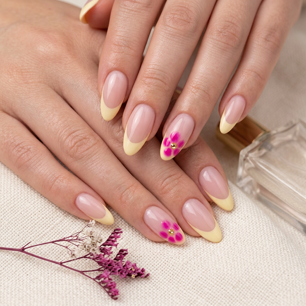 Yellow french with flower - Handmade Press Ons