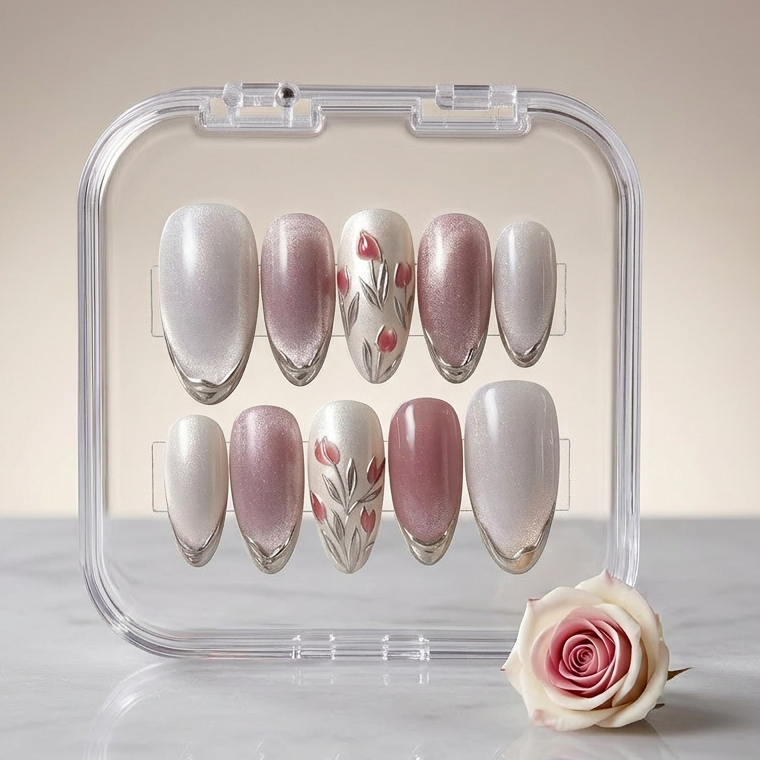 Flower chrome cateye nails - Handmade Press Ons