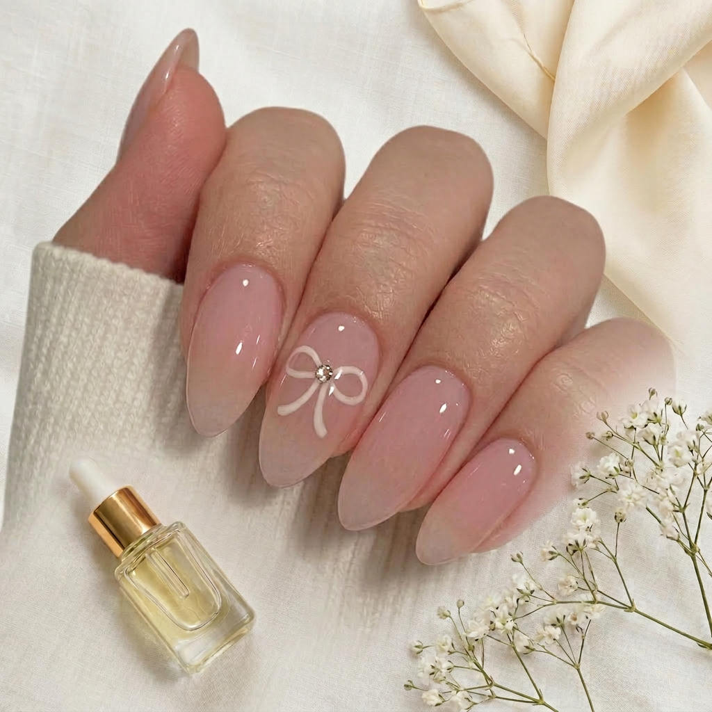 Nude minimal bow nails - Handmade Press Ons