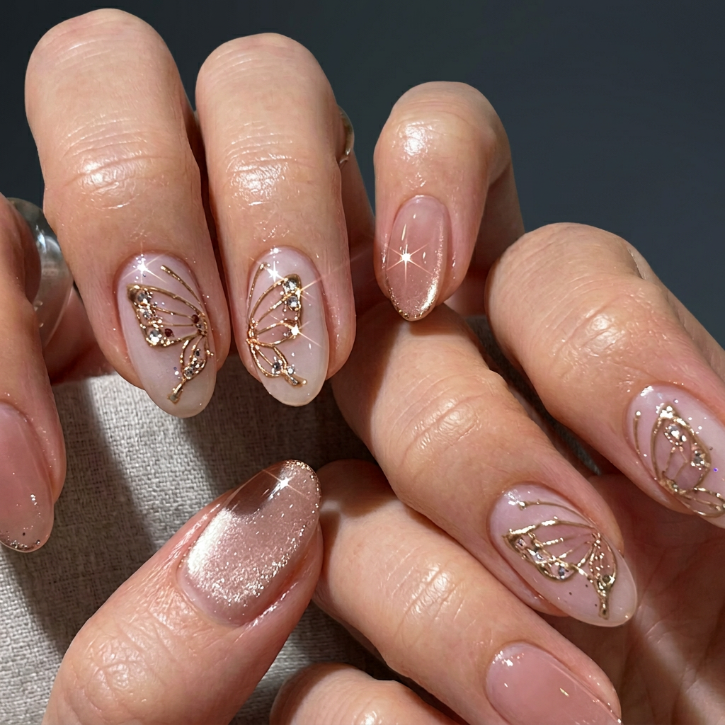Butterfly nude chrome nails - Handmade Press Ons
