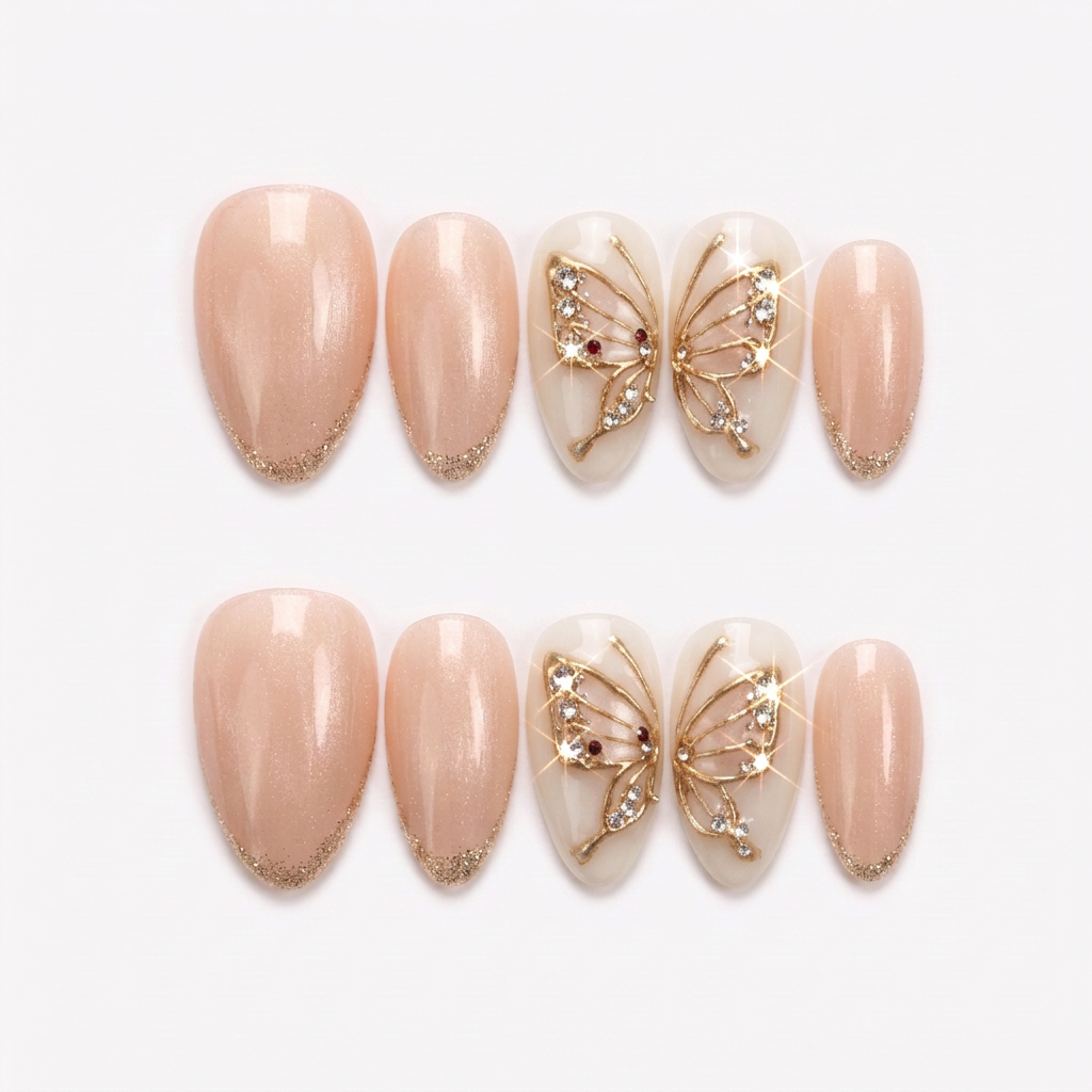Butterfly nude chrome nails - Handmade Press Ons