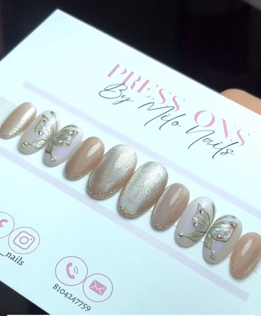 Butterfly nude chrome nails