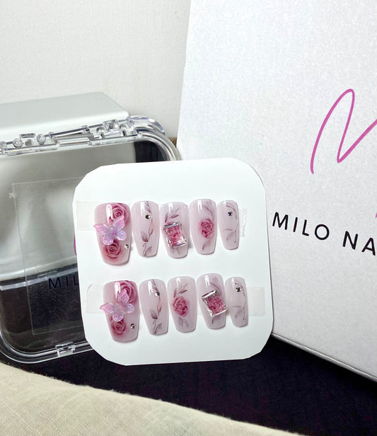 Rose butterfly stone nails (24pcs)