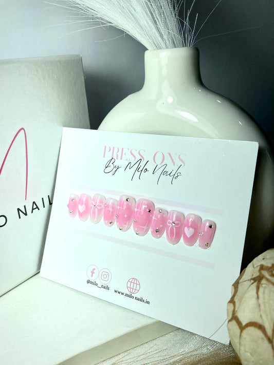 Korean pink aura nails with bow