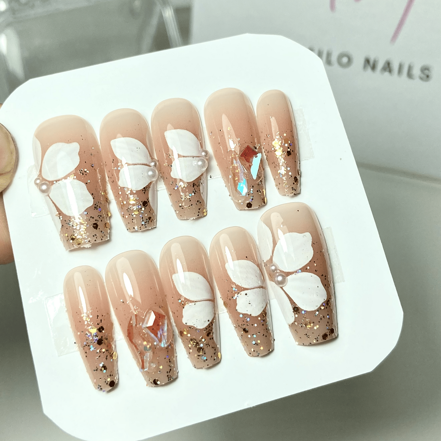 Flower glitter nails (24pcs)