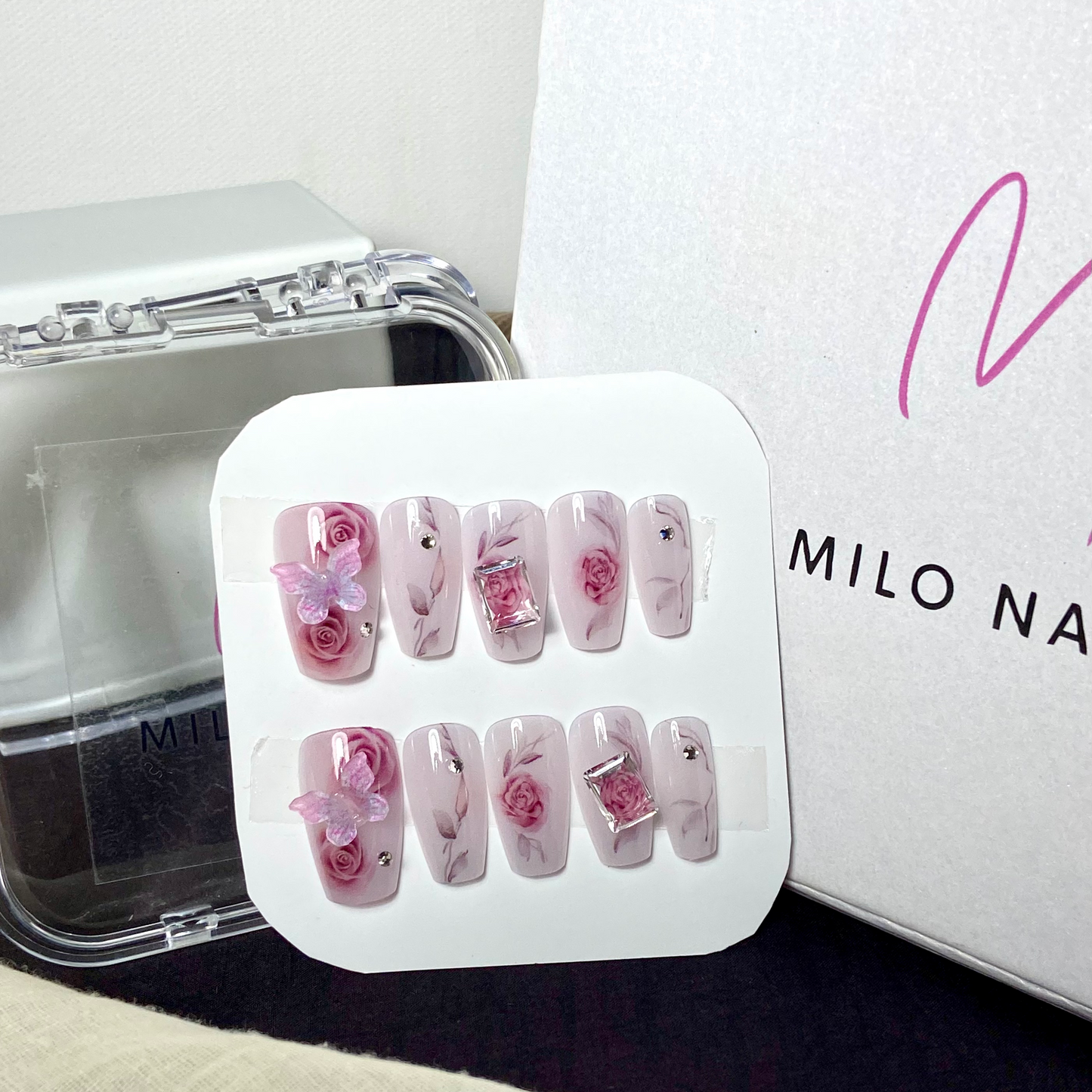 Rose butterfly stone nails (24pcs)