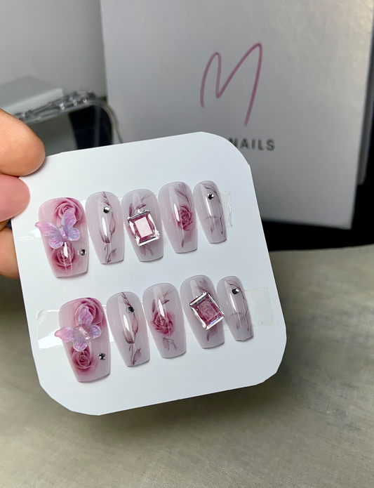 Rose butterfly stone nails (24pcs)