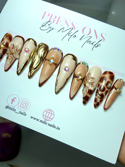 Brown 3-d flowers metallic nails