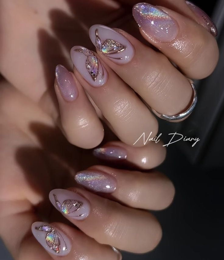 Purple butterfly chrome nails