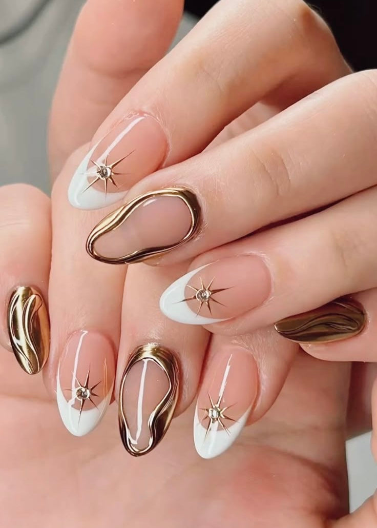 White - golden metallic nails