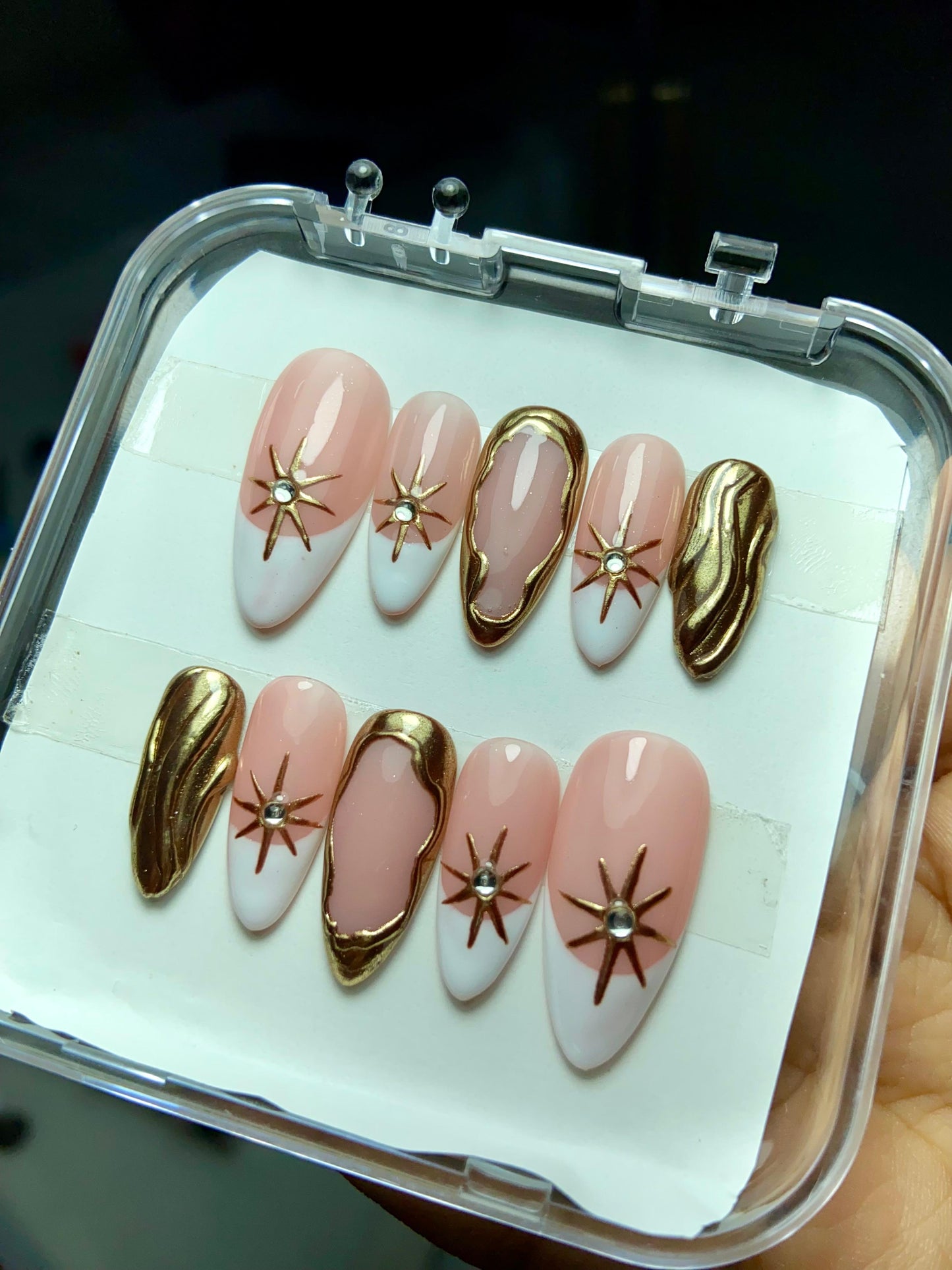 White - golden metallic nails