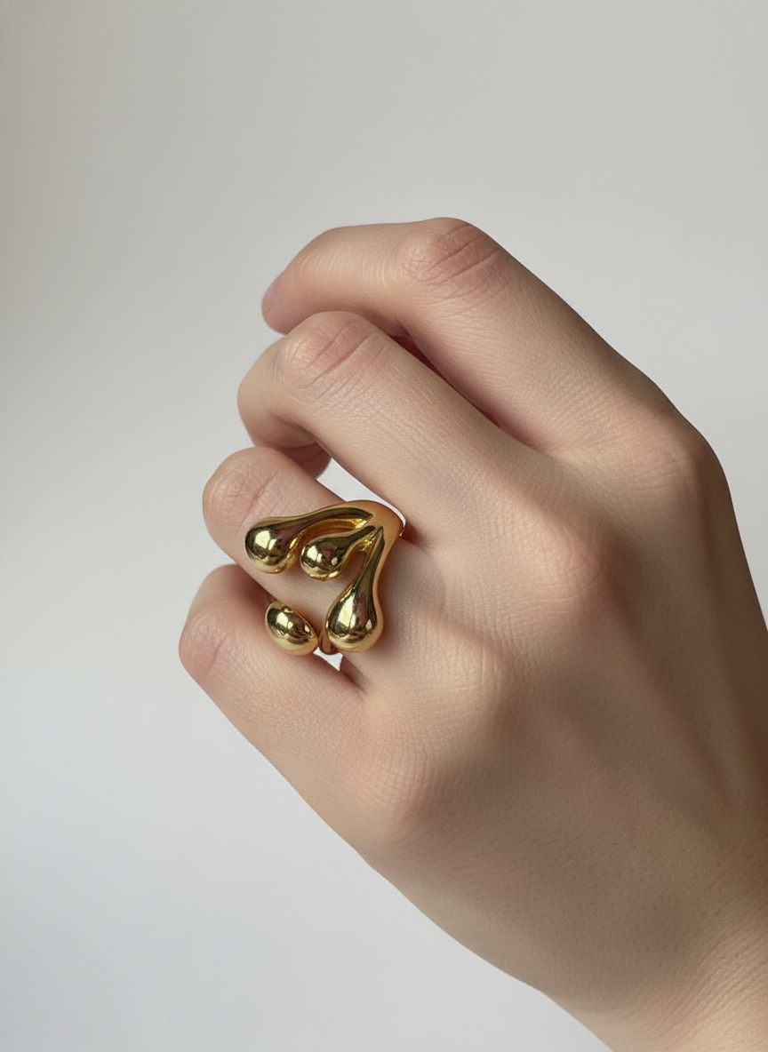 Golden Molten Drop Ring Adjustable Ring – 18K Gold-Plated Feminine Charm
