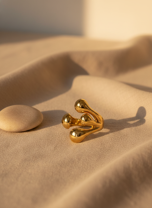 Golden Molten Drop Ring Adjustable Ring – 18K Gold-Plated Feminine Charm