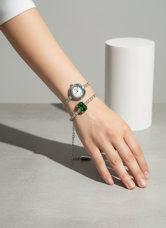 Emerald Elegance Diamond Watch Bracelet