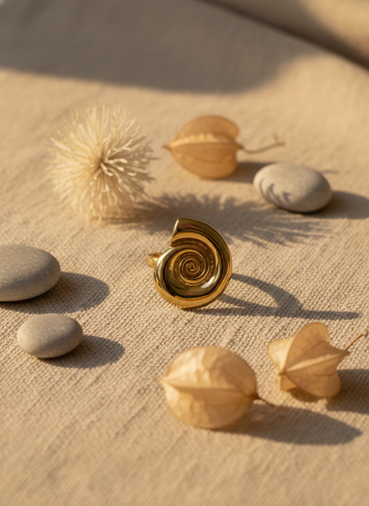 Golden round shell Adjustable Ring – 18K Gold-Plated Feminine Charm