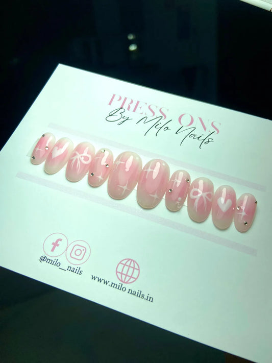 Korean pink aura nails with bow