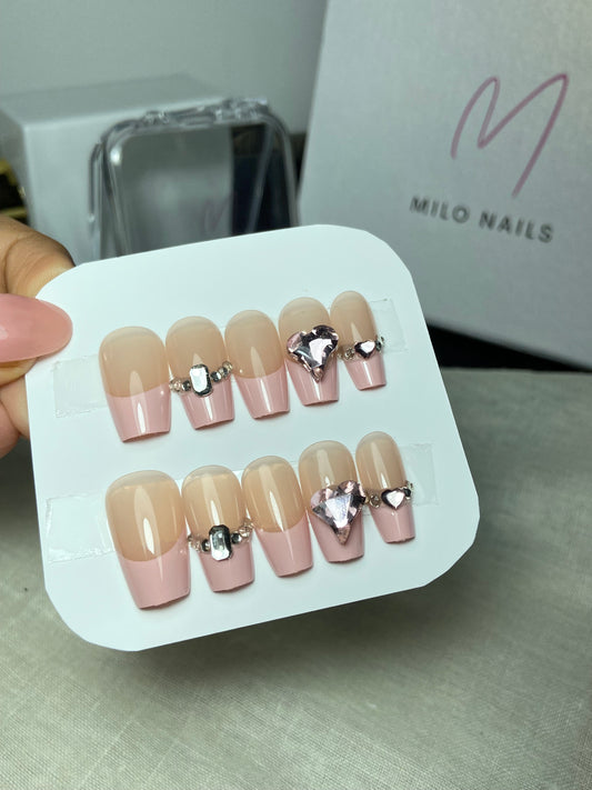 Pink french nails with heart stones (24pcs)