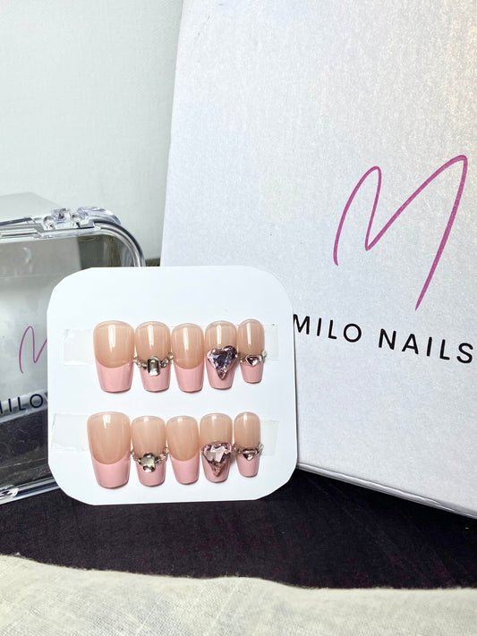 Pink french nails with heart stones (24pcs)