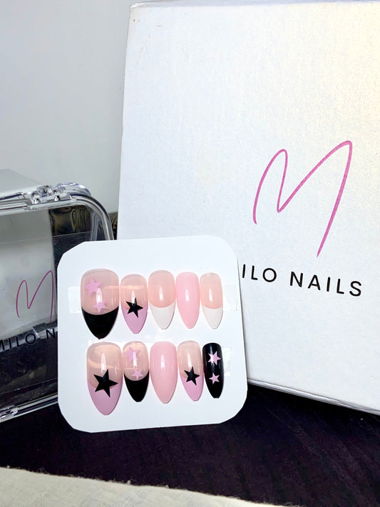 Pink-black star nails (24pcs)