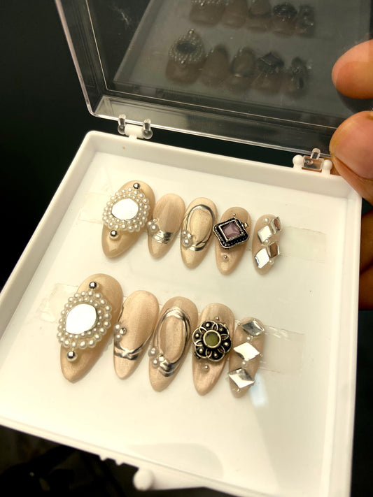 Nude cat eye oxidised navratri nails