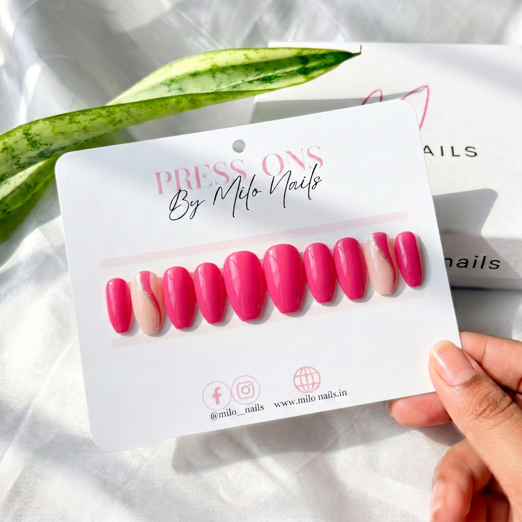 Hot pink nails with swirls - Handmade Press Ons