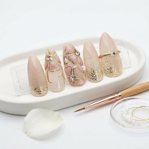 Ivory chrome & flower nails - Handmade Press Ons