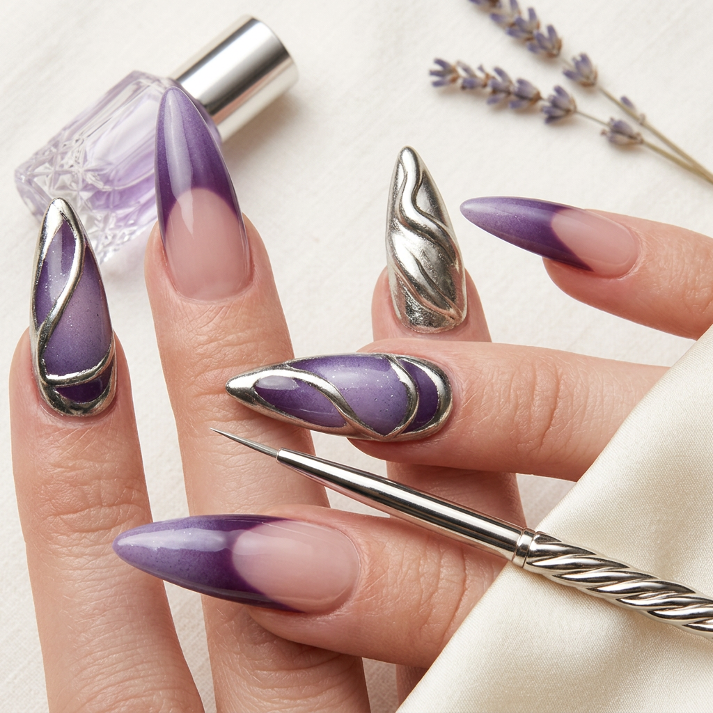 Purple aura metallic nails - Handmade Press Ons