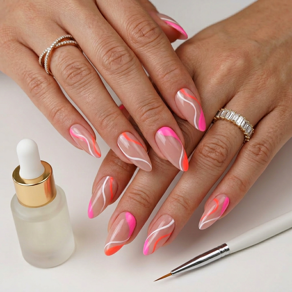 Pink and orange swirls - Handmade Press Ons