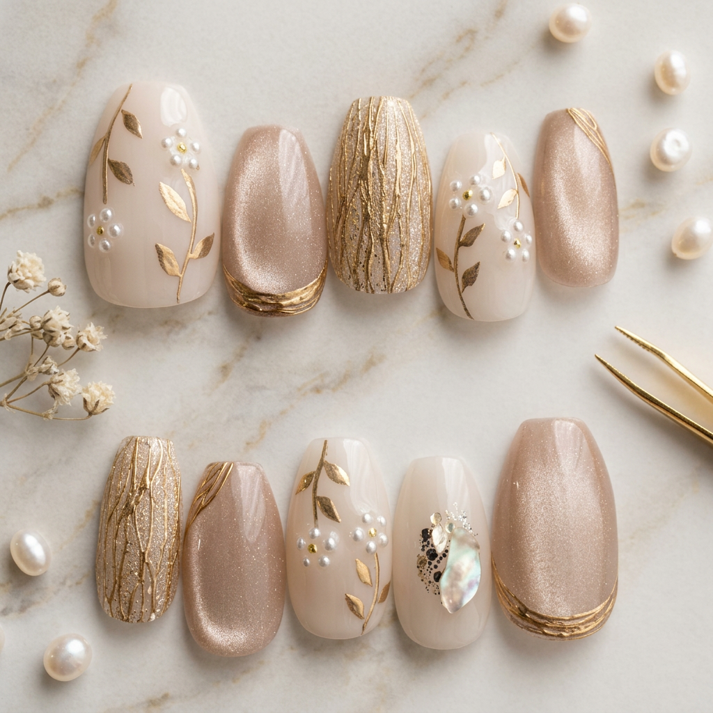 Ivory flower cateye nails - Handmade Press Ons