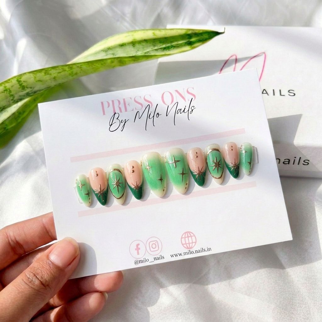 Green aura chrome nails - Handmade Press Ons