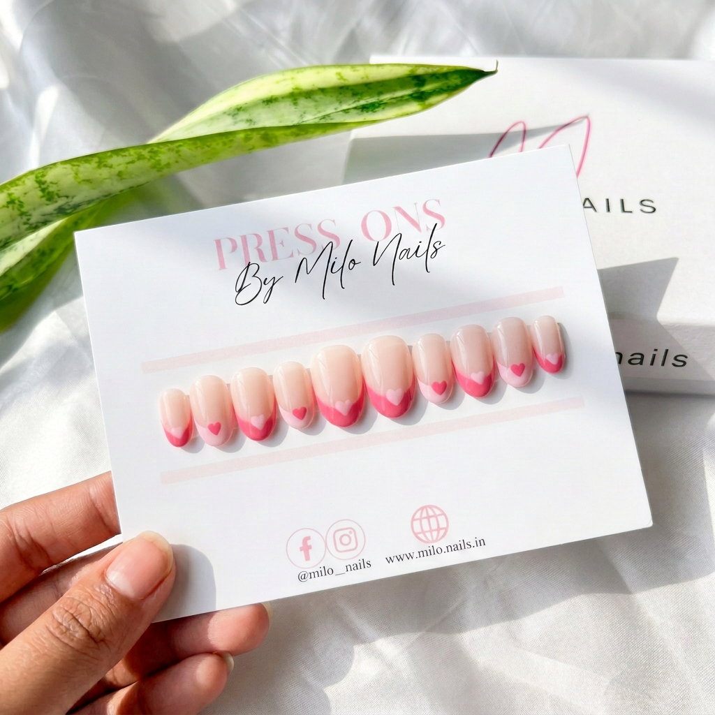 Pink tips + hearts - Handmade Press Ons