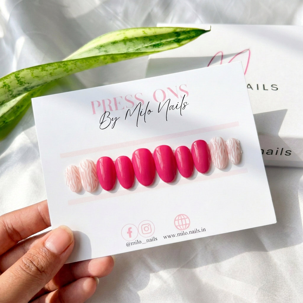 Hot pink-white swirls - Handmade Press Ons