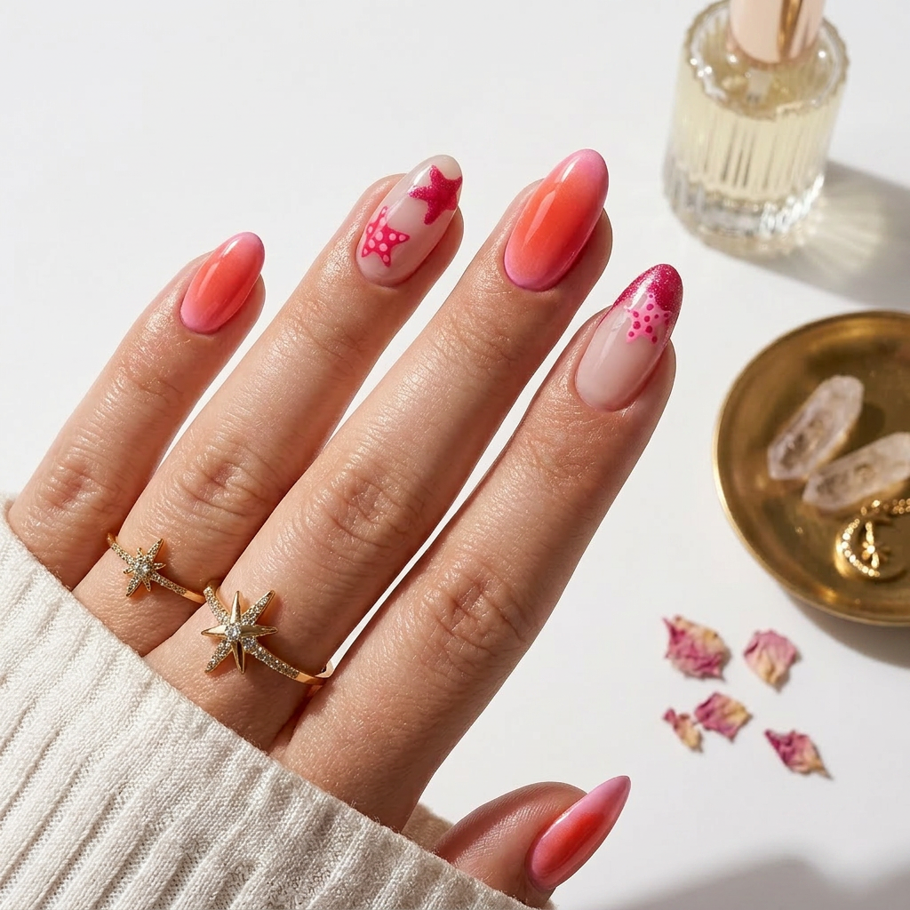 Pink french with starfish - Handmade Press Ons